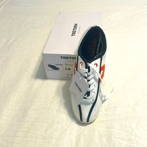 rTretorn white canvas sneakers w navy and orange accent